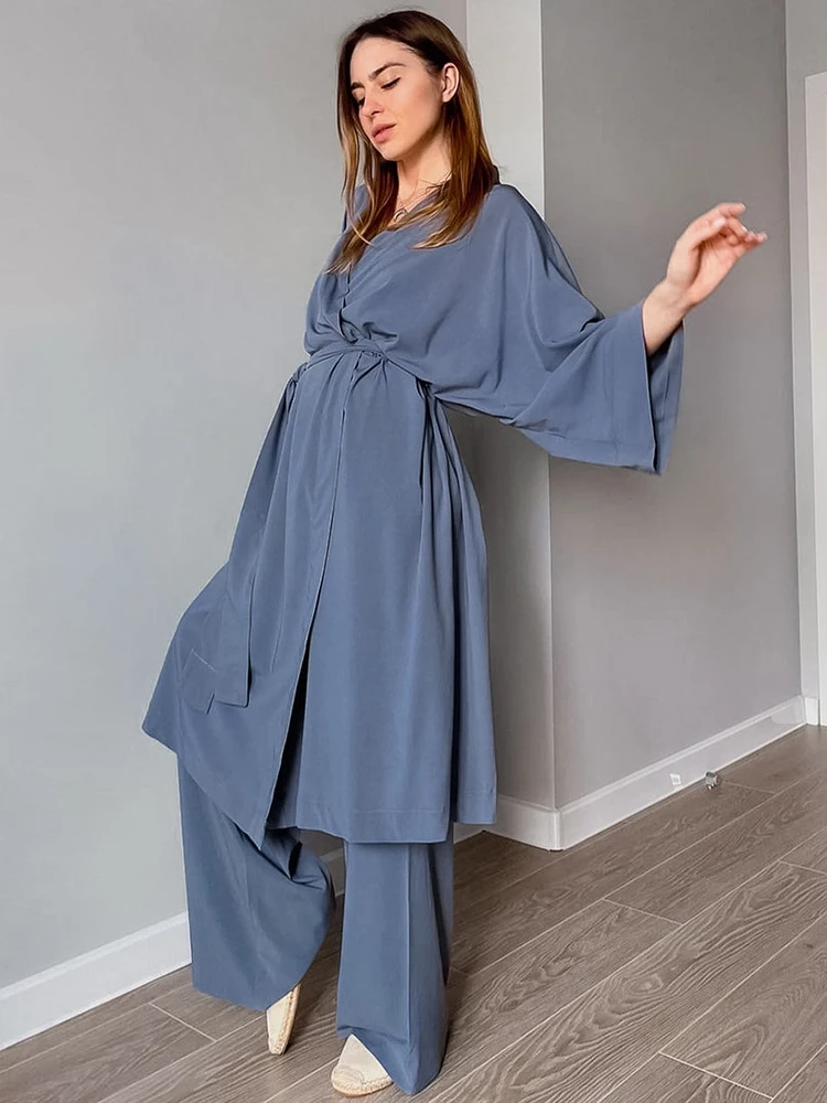 

Womens Pijama Batwing Sleeves Robes Woman Autumn Suit Pajama Sets Casual Women's Nightwear Trouser Suits With Camisole Nightgown