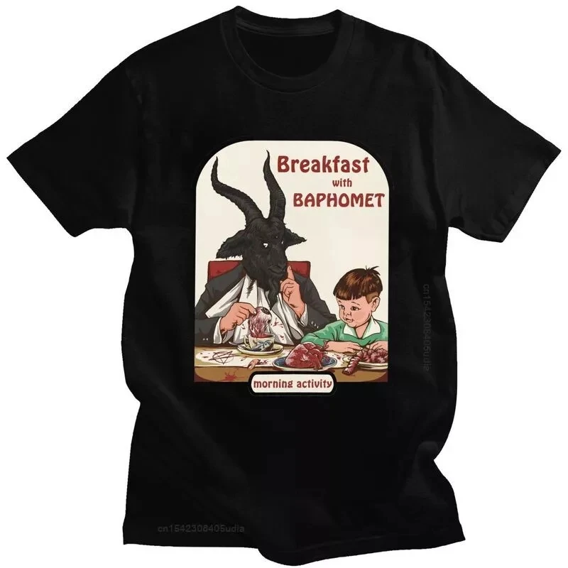 

Classic Breakfast With Baphomet T Shirt Men Short Sleeve Cotton T-Shirt Leisure Devil Satan Demon Goat Tee Top Streetwear Tshirt