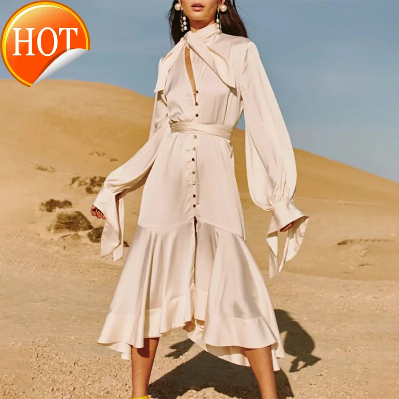 

Женское кружевное платье средней длины, асимметричное осеннее платье на пуговицах с рукавами-фонариками и высокой талией