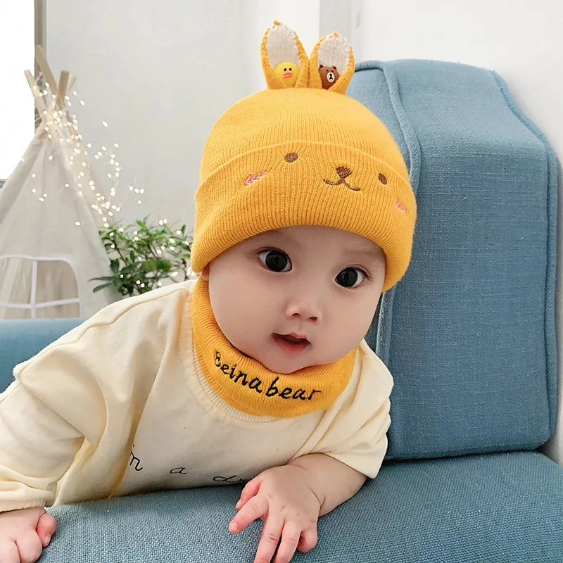 2Pcs Toddler Winter Hat Baby Girls Boys Cute Cartoon Warm Knitted Wool Hemming Beanie Cap+Scarf Keep Set Kids Scarf |