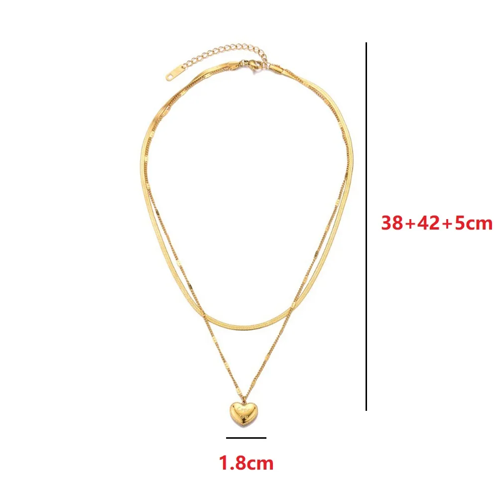 

LeeSell Stainless Steel Fashion Jewelry Heart Carving Love You 2 Layer Charms Choker Snake Bone Chain Necklace Pendant For Women