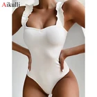 2021 сексуальный цельный купальник, Женский однотонный купальник с рюшами и деревянными ушками, монокини с пуш-ап, купальные костюмы, летняя пляжная одежда для плавания