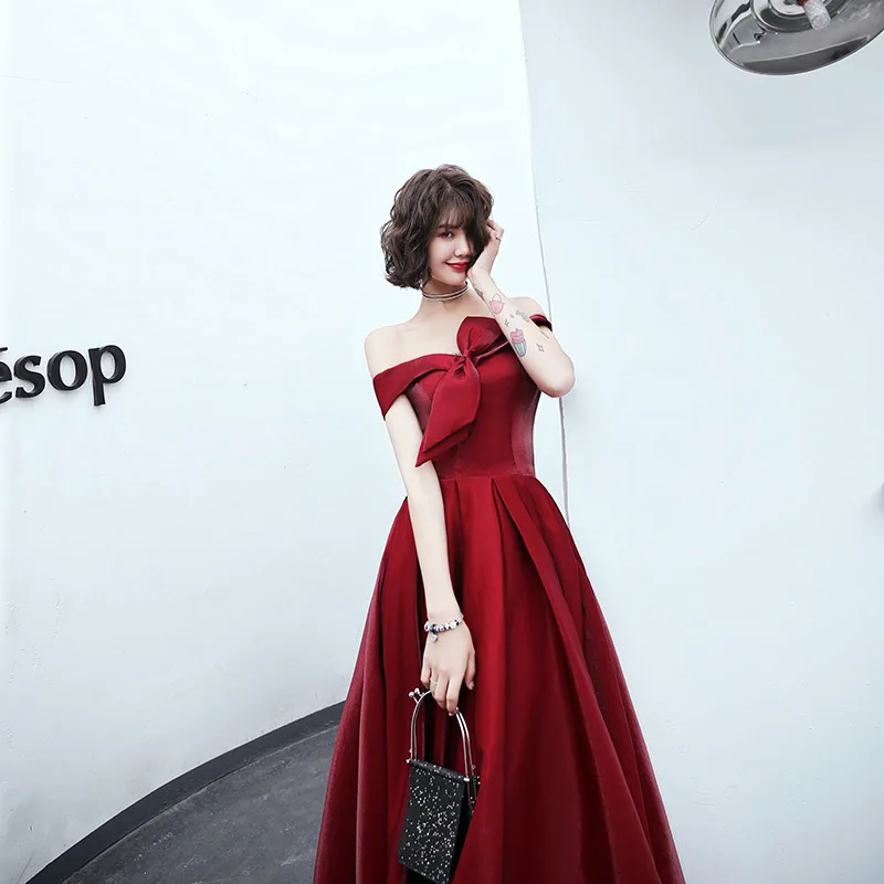 

Sexy Slash Neck Bride Wedding Dress Temperament A-line Evening Dress With Bowknot Fairy Banquet Dress Floor Length Maxi Dress