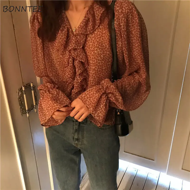 

Blouses Women Floral V-neck Ruffles Long Sleeve Sweet Girls Vintage French Style Ulzzang Loose Casual All-match Chic New Autumn
