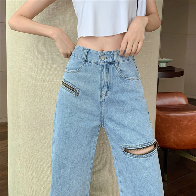 

2021 Plus Size 5XL Women Loose Straight Baggy Jeans Mom Cut Rotten Zipper High Waist Denim Pants Thin Wide Legs Mop Pants KZ989