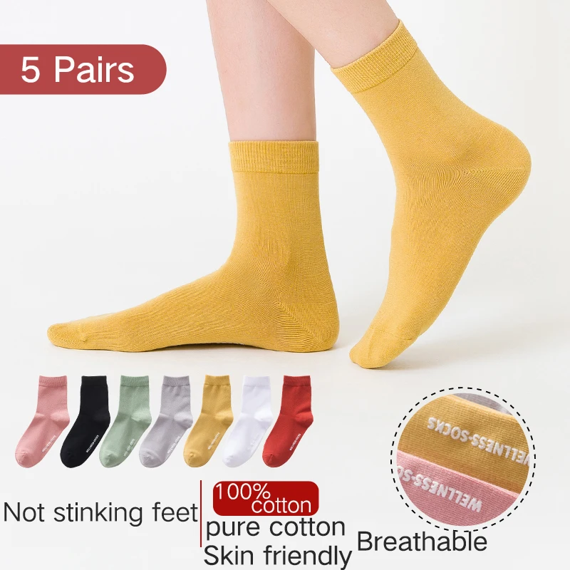 

Pure Cotton Medium sock autumn Thin Women's socks Breathable Cartoon socks Absorb sweat motion cycling socks women 5 Pairs ins