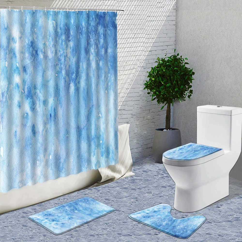 

Blue Watercolor Paint Shower Curtains 4pcs Set With Bath Mat Non Slip Carpet And Toilet Rugs U-Shaped Pad Art Bathroom Decor