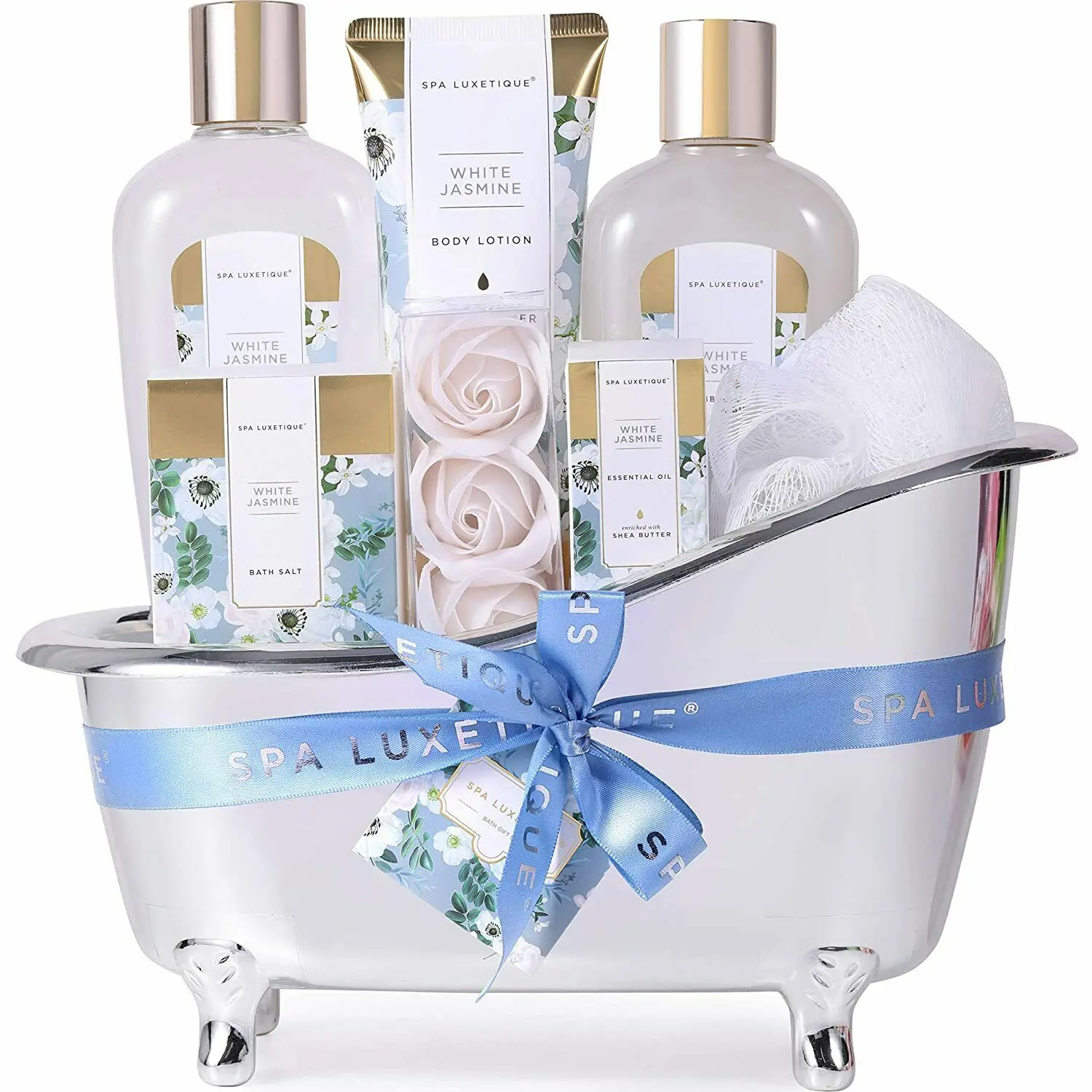 8pcs White Jasmine Bathtub Spa Gift Basket for Women, Bath & Body Set with Essential Oil and Bath Salt