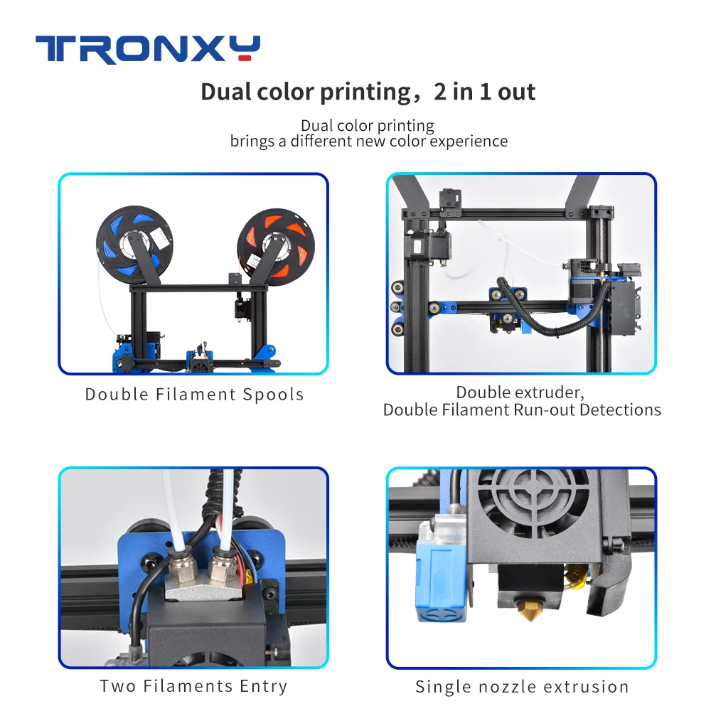 Tronxy 2 in 1 Out Extruder XY-2 PRO 2E  double Colors Head Dual  Printing 3D Printer DIY Kits with Super Silent & High Accuracy