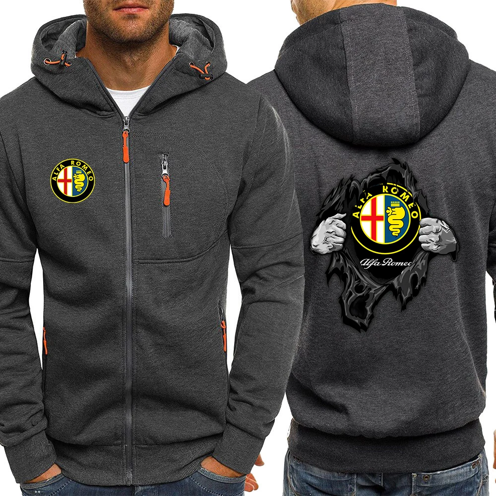 

2021 Men's Alfa Romeo Winter Hoodies Fit Hooded Sweatshirt Outwear Warm Coat Jacket Plain Zip Up Casual Coat Tops Black Gray