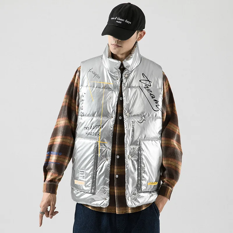 

New Men's Jacket Sleeveless Stand Collar Glossy Pocket Letter Decor Hip-hop Personality Style Large Size Male Coat
