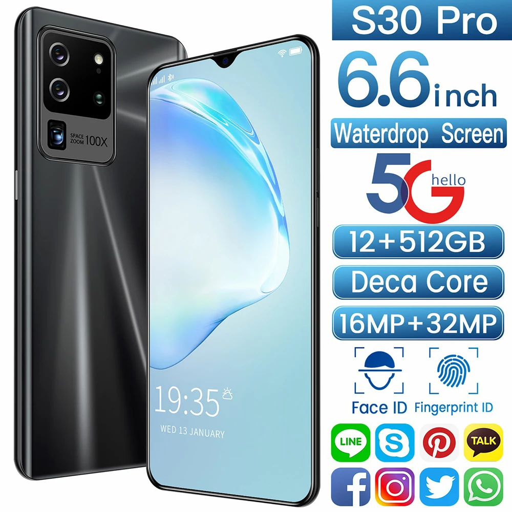 

Global Version S30 PRO 6.6 Inch Drop Screen 16MP +32MP 5000mAh Deca Core Android 10.0 Smartphones MTK6889 Fingerprint ID Celular