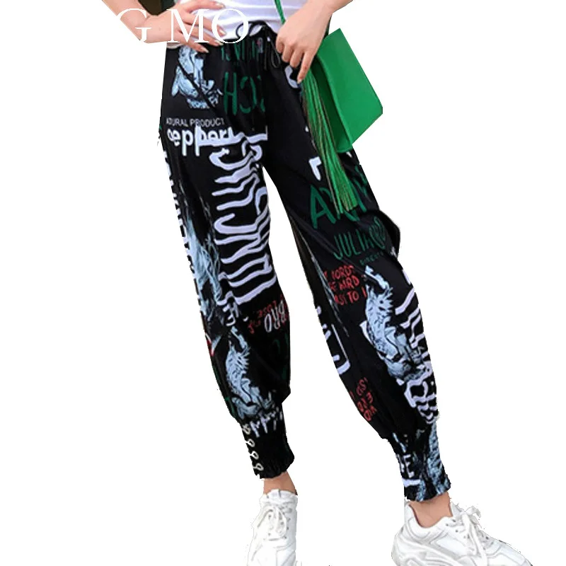 QING MO Women Letter Print High Waist Trousers Summer Fork Casual Loose 2019 ZQY942 |