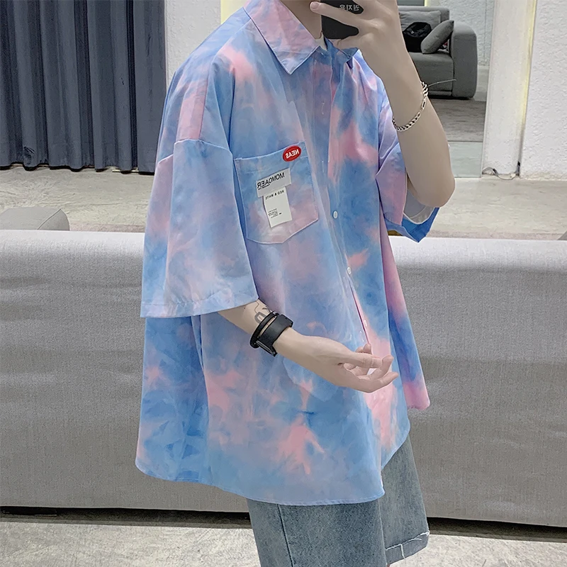 

Tie-dye Short-sleeved Shirt Men's Summer Korean Version of Cec Hong Kong Handsome Wild Loose Half-sleeved Casual Shirt