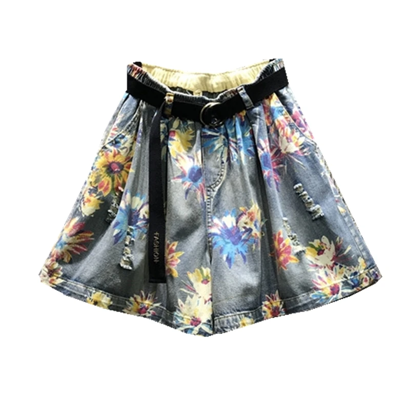 

Printed Denim Shorts Women's Spring and Summer New European Elastic High Waist Loose Wide Leg Pants Large Size Jean Shorts Femme