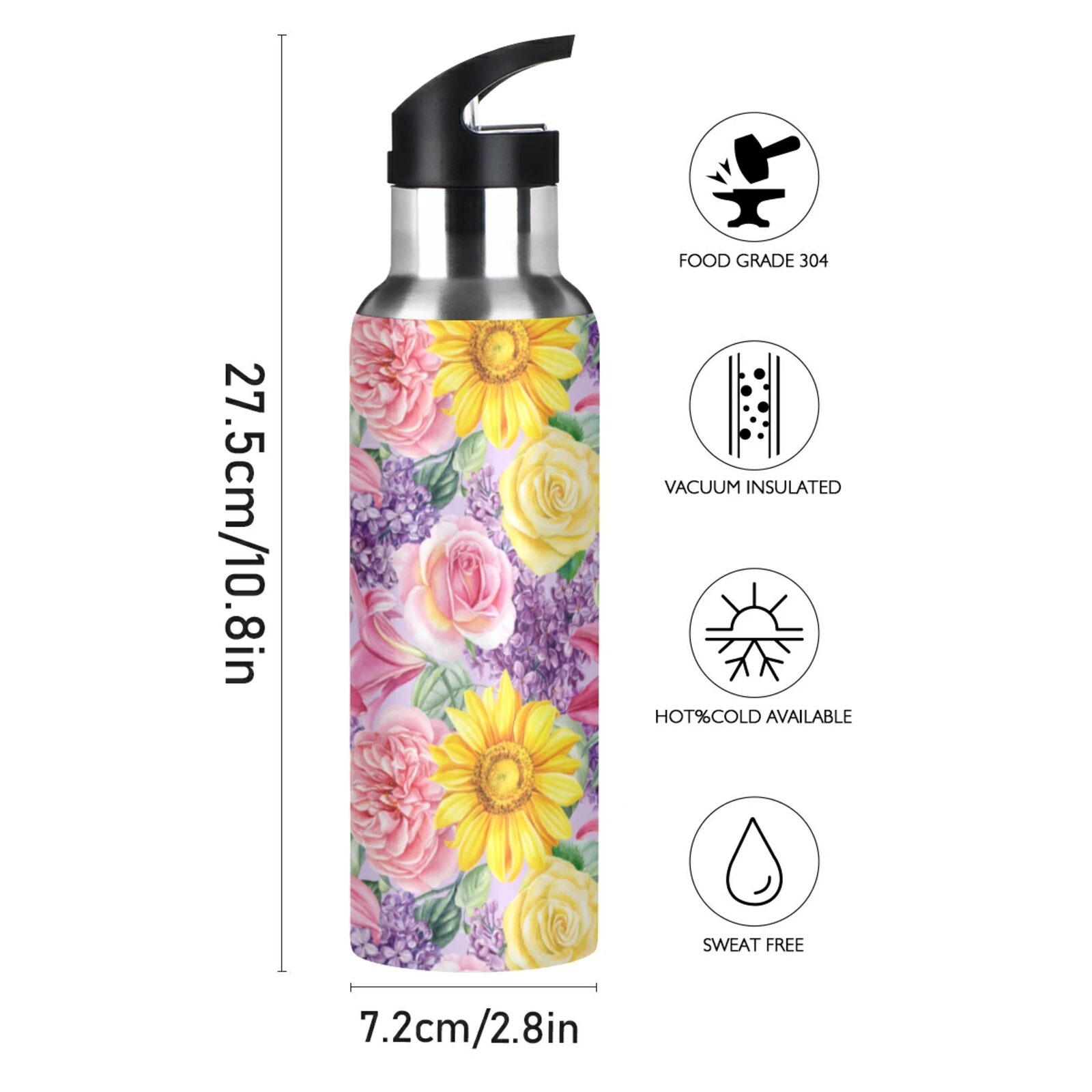 Sports Water Bottle 600ML, 304 Stainless Steel, Portable Bottle for Hiking Cycling, Sunflower Vacuum Thermos Flask, Outdoor Mugs