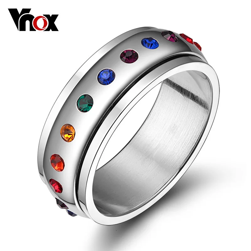 Vnox вращающийся счетчик кольцо для Для женщин Радуга стразами Нержавеющая сталь США Размеры