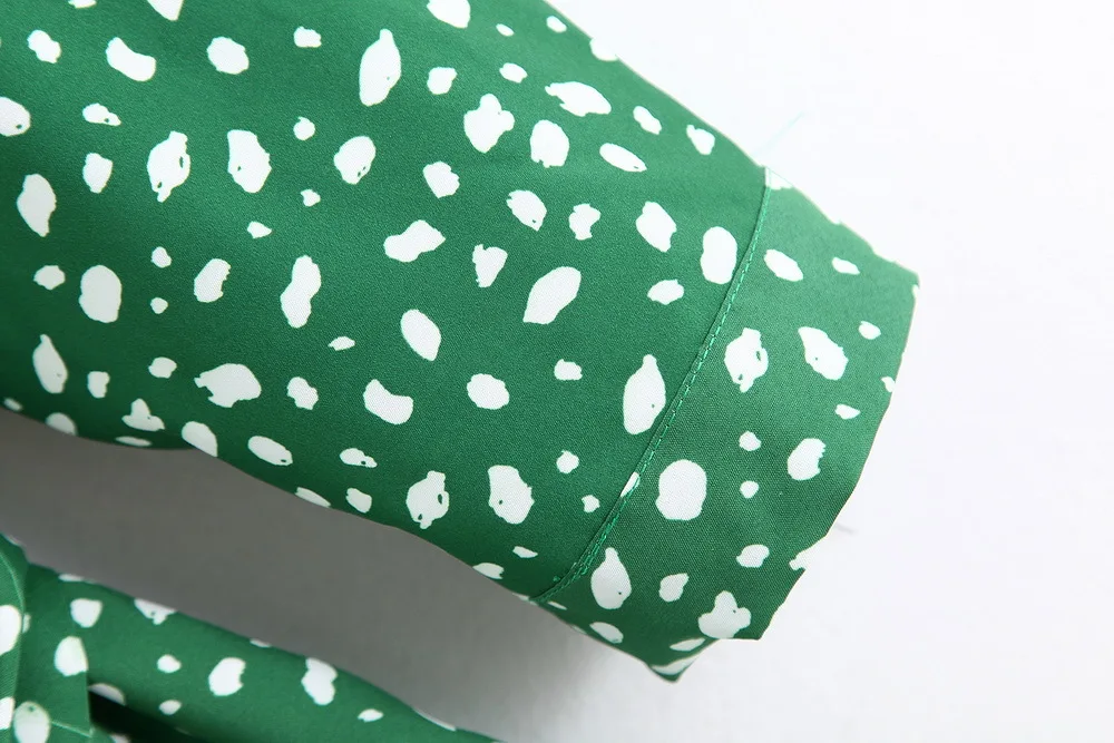 Trendy ZA Green White Dot Print Long Dress Women Boho Turn-Down Collor Belt Split Hem Design Charm Elegant Autumn Style Dress