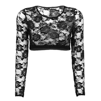 women slim fit crop top soft lace floral mesh see through sheer scoop neck long sleeves tops short blouse t shirt sexy costume