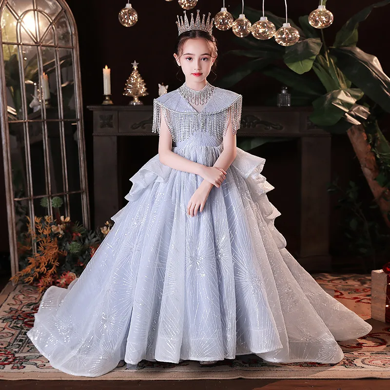 

Детское изысканное платье с бисером в западном стиле для девочек, вечернее празднивечерние платье принцессы с длинным хвостом, детское пла...