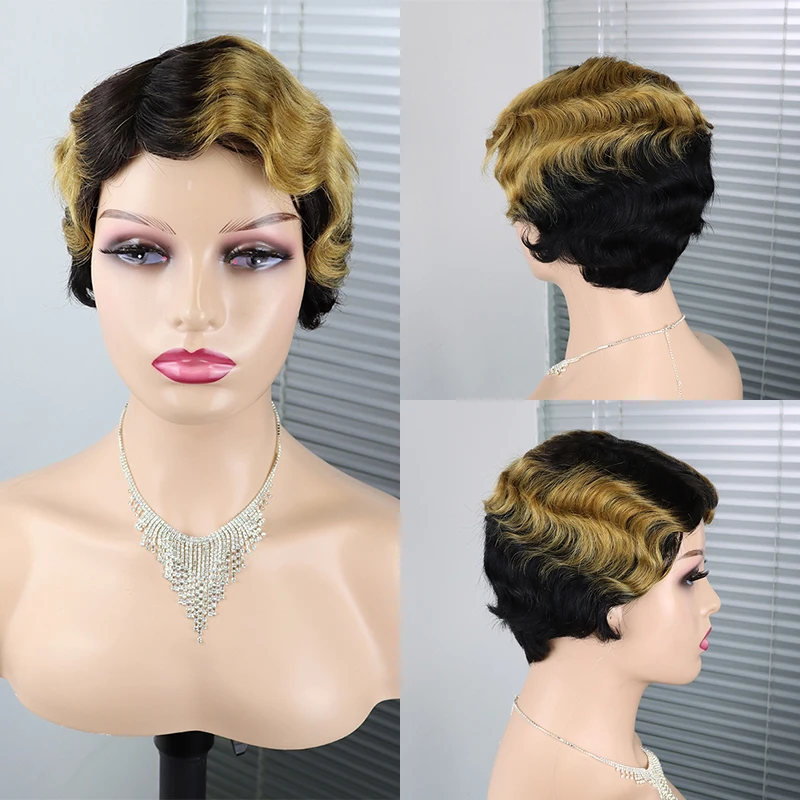 

Brazilian Short Pixie Cut Human Hair Wigs Really Cute Finger Waves Hairstyles for Black Women Full Machine Made Wigs