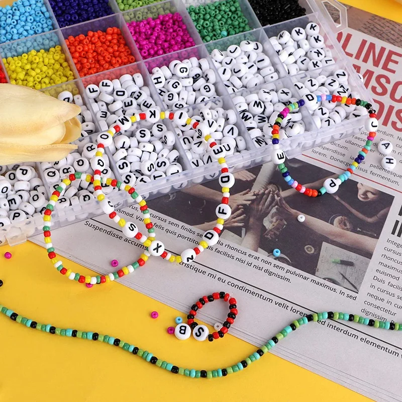 

4300Pcs 3mm Glass Seed Beads and 700 Pcs Letter Beads for Jewelry Making DIY Art and Crafting with Elastic String