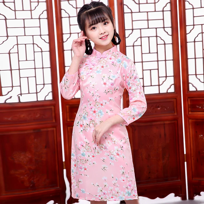 

Girls Pink Flower Chinese Traditional Dress Party Long Sleeve Gift Cheongsam Qipao Cute Baby Spring Festival Dresses