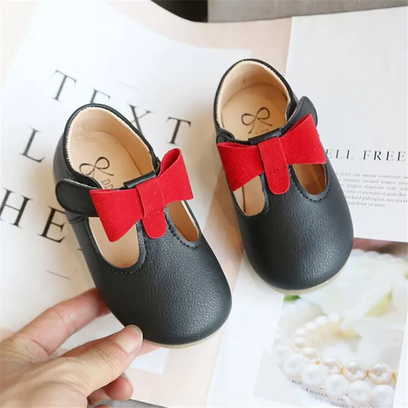 

2021new Toddlers Girls Leather Shoes Color matching T-strap With Bow-knot Kids Shoes Spring Autumn fashion Princess Single shoes