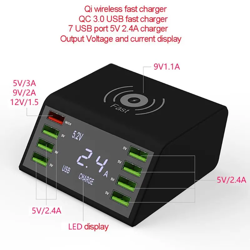 60 вт QC 3,0 быстрая зарядка 8 usb портов зарядная док-станция Qi беспроводное быстрое зарядное устройство с дисплеем напряжения тока для iphone sams