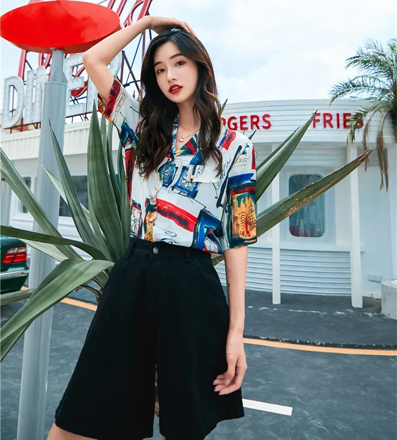 Женская винтажная блузка Cheerart летняя рубашка с коротким рукавом и лацканами 2019 |