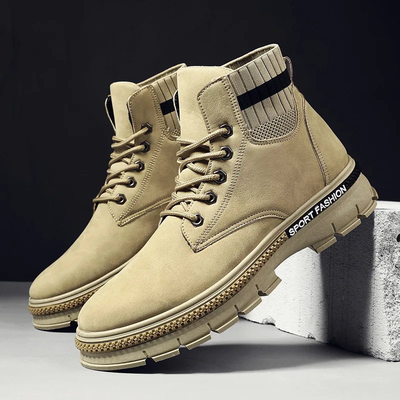 

2021 Autumn New Men Boots Street Trend Leather Casual High Top Shoes Man Ankle Motorcycle Boots Male Work Shoes