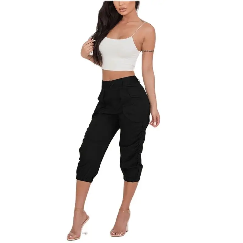 

Fashion Women's Summer Trousers Elastic Waist Boho Pants Elegant Lady Cropped Pants Casual High Waist Office Female Trousers