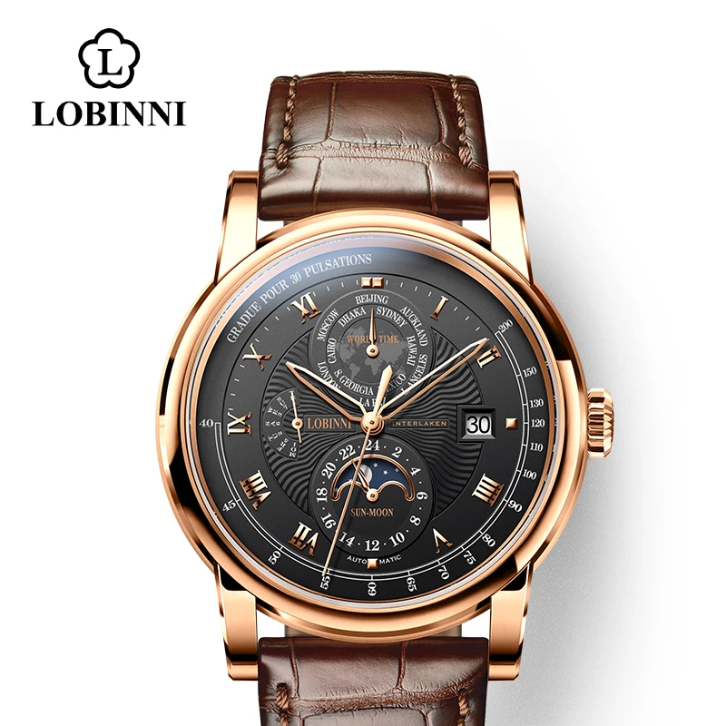 rose-black-brown-r Швейцария LOBINNI мужской роскошный бренд часов Moon Phase автоматические механические мужские наручные часы Сапфировая кожа Чайка движение для мужчин t - Цвет: rose-black-brown-r