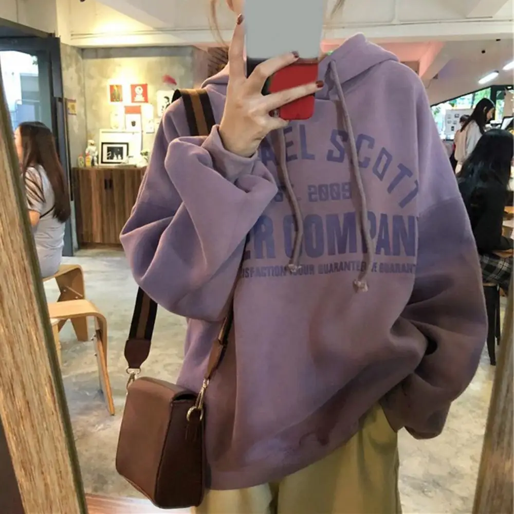 Women Autumn Winter Long Sleeve Sweatshirt Letters Print Plush Oversized Hoodie