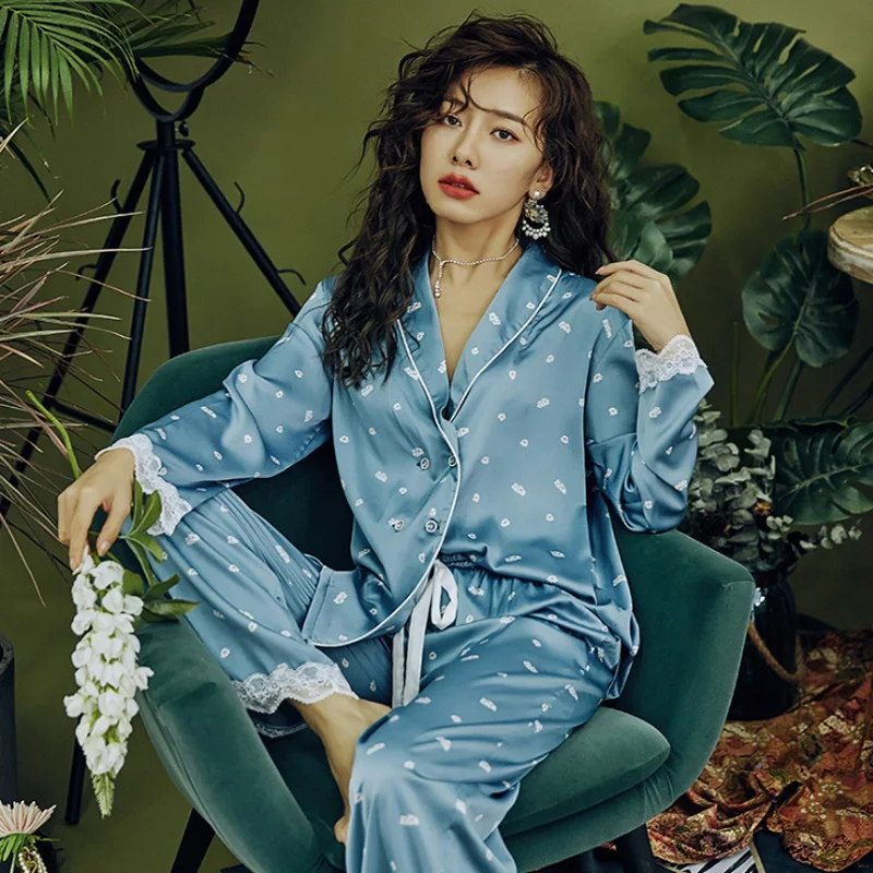 

2Pcs Sexy Lace Pajamas for Women's Set Satin Silk Sleepwear Set Daisy Print Sleepwear Long Sleeve Casual Nightwear Comfortable