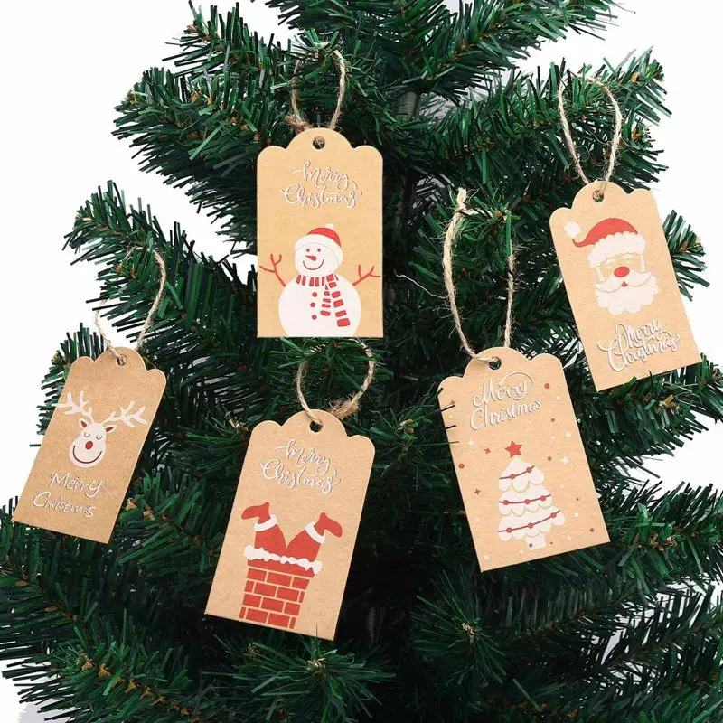 

100Pcs Merry Christmas Kraft Paper Gift Tag DIY Snowman Santa Claus Paper Cards Xmas Party Decor Hang Tags Gift Wrapping