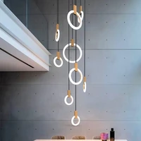 nordic modern villa duplex stair led pendant lights dining room bedroom wood hanging lamp art deco acrylic rings led chandelier