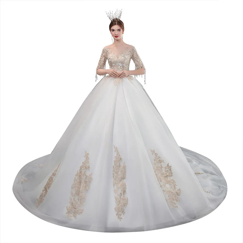 

Wedding Dress 2021 New Elegant Half Sleeve Wedding Gowns Vestido De Noiva Champagne Embroidery With Train Princess Bride Dress