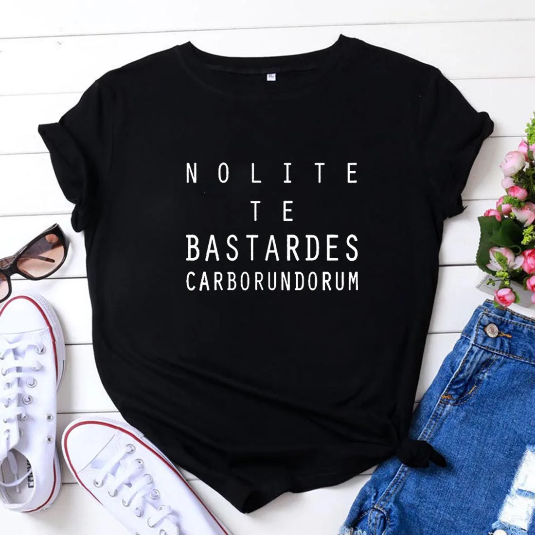 Забавная футболка Nolite Bastardes женская черная рубашка с коротким рукавом и круглым