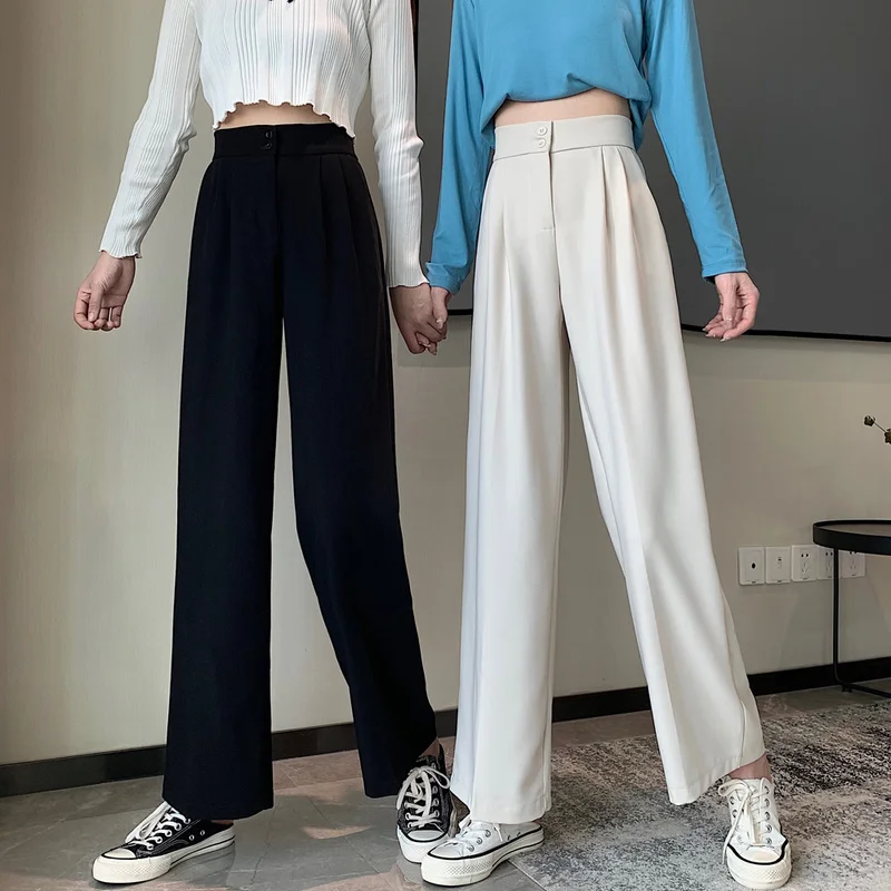 

2021 High waist loose Wide leg pants Women's Clothing autumn new Korean style Double waist buckle Solid color Straight pant
