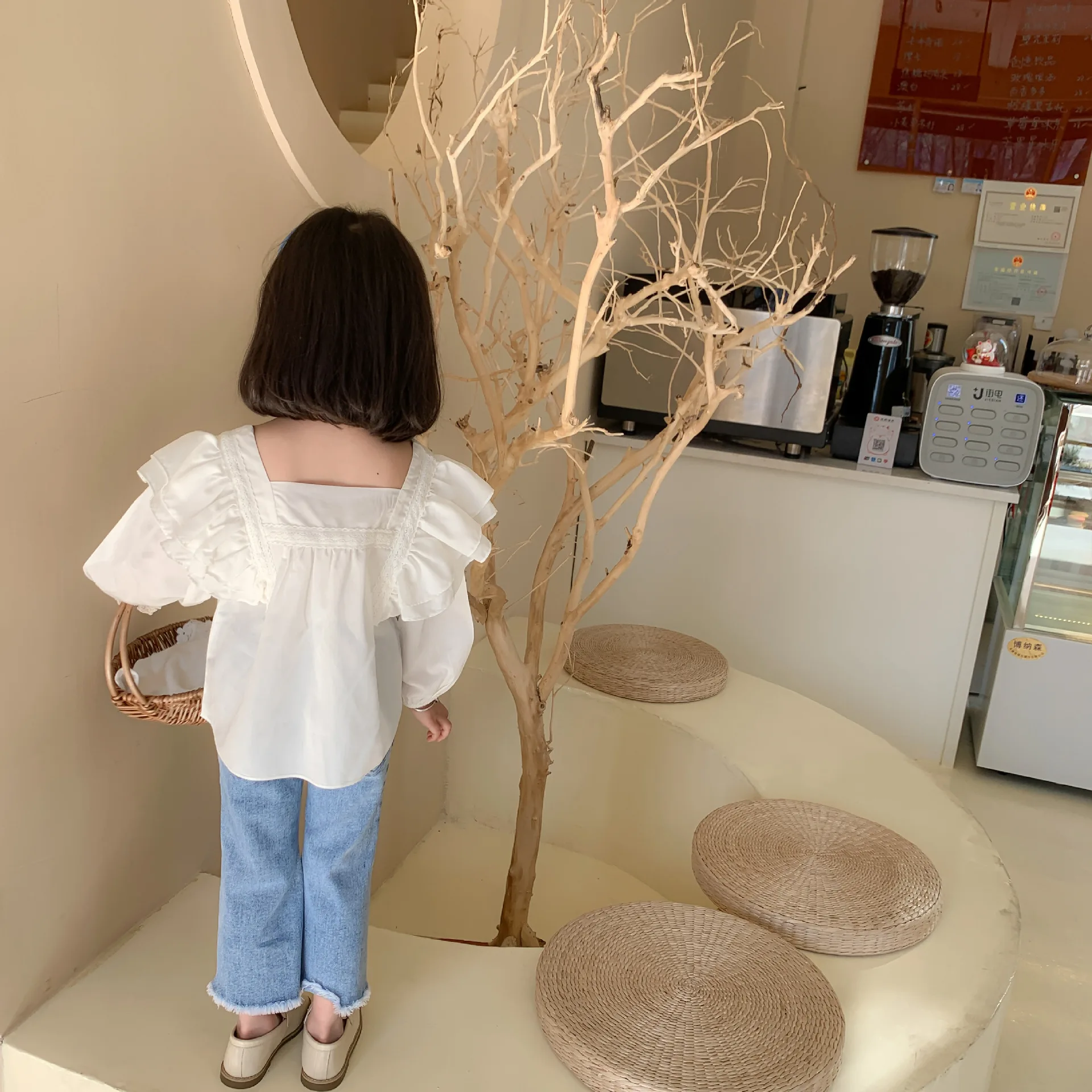 

2021 Spring New Baby Girls Chiffon White Shirt Children Long Sleeve Top