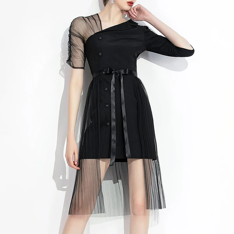 Женское Сетчатое платье TWOTWINSTYLE летнее черное лоскутное оверсайз с асимметричным