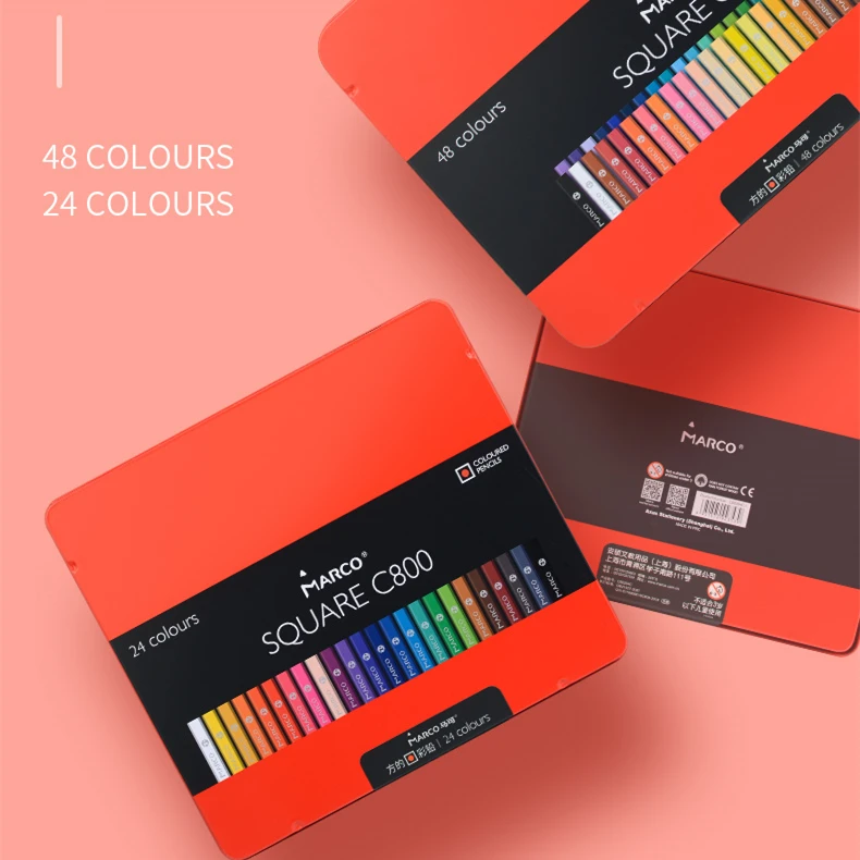 

Marco Pastel Square Colored Pencils Macarons Tin Box 12/24/48 Colors Set Professional Art Supplies C800 C810 C820
