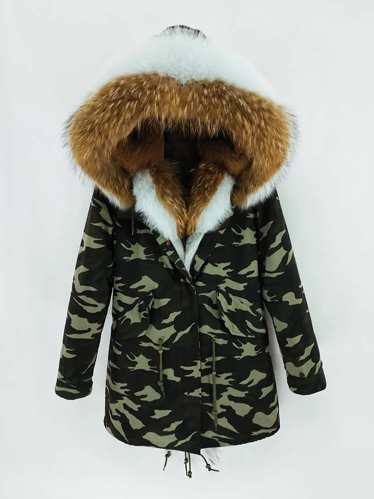 color 23 Furlove длинное пальто-парка зимняя куртка женская натуральная настоящая из енота, лисы меховой капюшон, воротник Толстая теплая верхняя одежда уличная Роскошная - Цвет: color 23