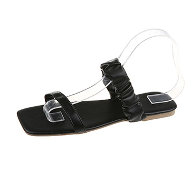 

Women's sandals 2021Fashion Transparent pleated Ladies flat shoes Anti Slip Beach Footwear Woman Shoes Square Toe Comfort