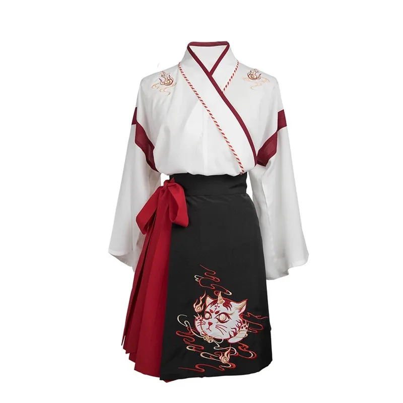 Woman Japanese Dress Kimono Sweet Cat Embroidery Yukata Haori Cosplay Skirt Tops Set Full Sleeve Ancient Oriental Clothing | Тематическая