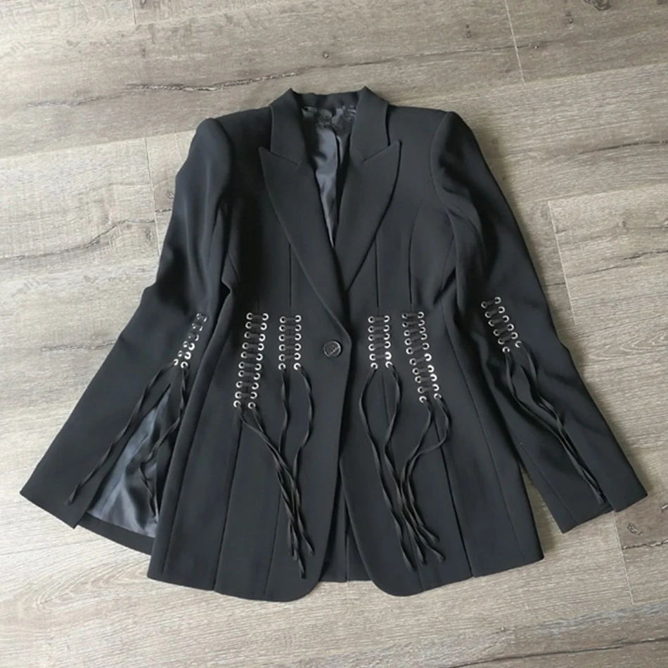 Зима 2019 Новый сексуальный черный женский костюм пальто с длинными рукавами одной