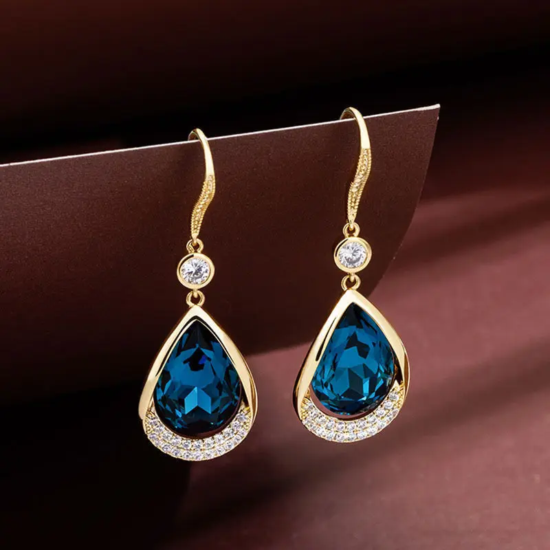 

Unique Pear Cut Blue Stone 14K Gold Plated Zinc Alloy Drop Dangle Earrings for Women Bridal Wedding Party Jewelry Earrings Gift