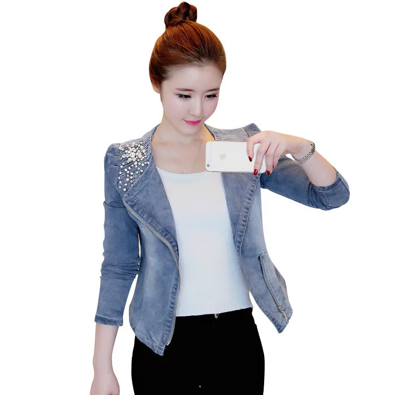 

Fashion Slim Jeans Jacket Women Korean Style Autumn Beading Stretch Denim Jacket Women Chaquetas Mujer Casual Short Coat C6421