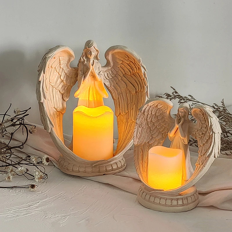 

Resin Praying Angel Statue Electronic Candle Holder Christmas Party Home Decorations Guardian Angel Wings Church Sculptures